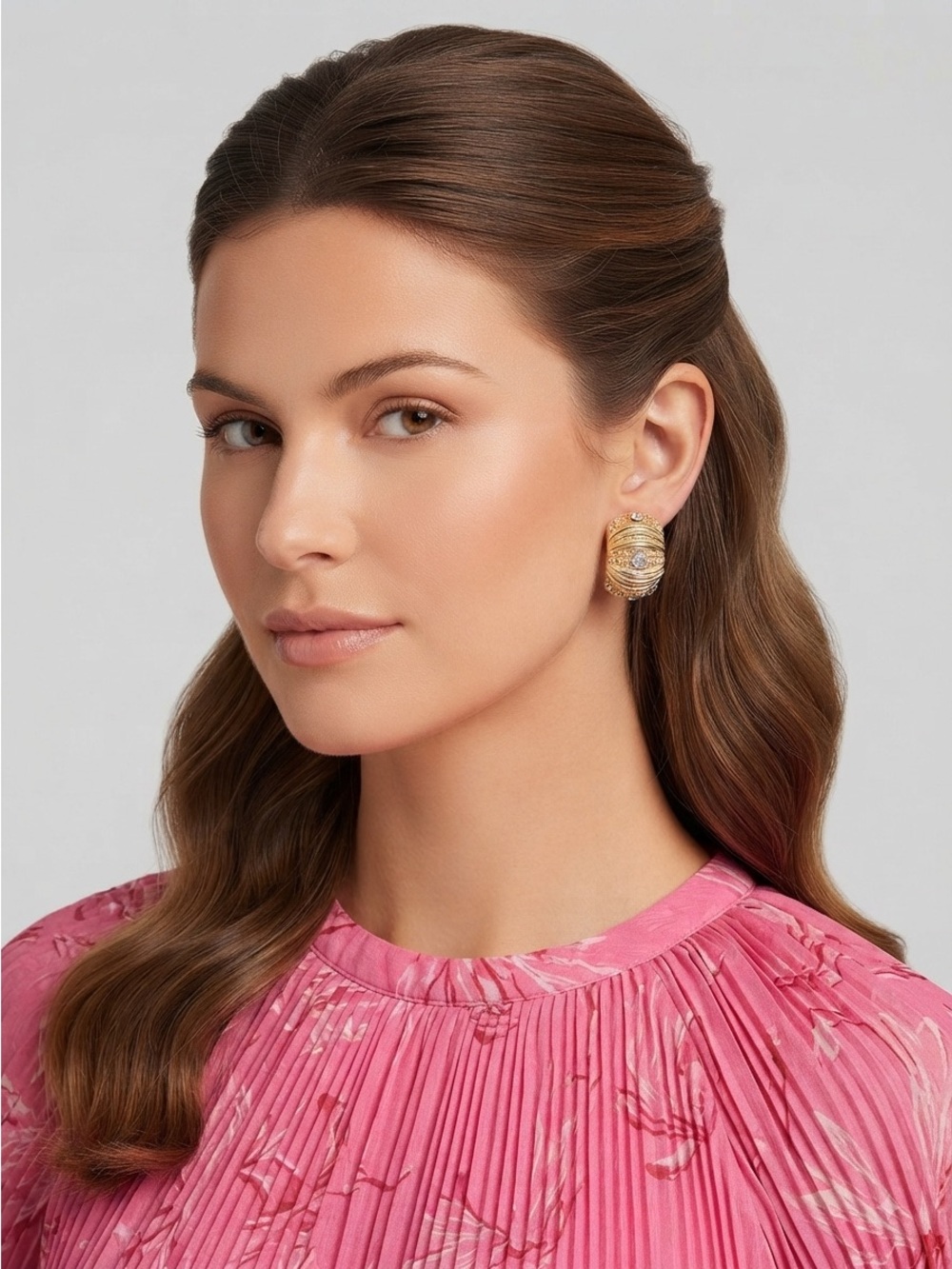 Vintage 80s Gold Dome Earrings | Ribbed Rhinestone Statement - Picture 3 of 14